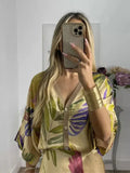 Elegant Satin Print Long Skirt Set For Women Fashion V Neck Single Breasted Shirt Suit 2024 Summer Lady Chic Loose