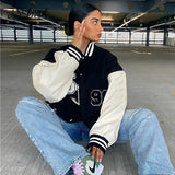 2021 Autumn Winter Oversized Baseball Jacket Varsity Bomber Women Long Sleeve Patchwork Letter Print Coat
