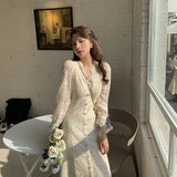 Lace Long Sleeve Midi Dress Winter White Women V-neck Korean Dress Spring One-piece Evening Lady Party Fairy