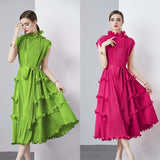 Zingj Ear Draw Pleattie Irregular Hem Belt Fold Long Dress Female Commuting Foreign Style Stand Collar