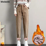 Jeans for Women Velvet Thick Warm Denim Pants High Waist Fleece Mom Jeans Vintage Wide Leg Ankle-Length Harem Denim