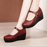 Spring And Autumn Middle Heel Slope Single Shoes Women's Muffin Thick Bottom Waterproof Platform One Word Buckle Shallow Mouth Flat Sole High Heel Mother's