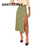 Elegant Split Long Skirts Vintage Leopard Floral Print High Waist A Line Skirts Office Lady Casual Bodycon Midi
