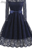 Women Winter Lace Long Sleeve Sexy Evening Party Hepburn 50s Elegant Vintage Autumn Dress Belt