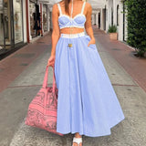 Blue Stripe Lace Trim Crop Top And Long Skirt Set- Outfit