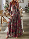 Zingj Bohemian Horn Sleeve Print V-Neck High-Waist Holiday Dress Floral Dress-Outfit