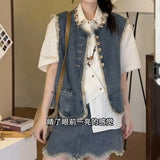 Complete Set Of Summer Wearing French Korean Temperament Tuxedo Denim Vest Folded Shirt Top Dress Half-Dress