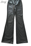 Spring Autumn Cool Casual Soft Black Pu Leather Floor Length Flare Pants for Women High Waist Korean Style Fashion