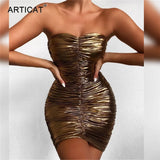 Strapless Bronzing Gold Mini Dress For Women Summer Sexy Backless Ruched Vestidos Sleeve Bodycon Nightclub Party