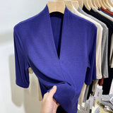 Blouses and Shirts Summer Clothes for Women V Neck Green Blue Gray Slim Skinny Shirts Short-sleeved Top Women's