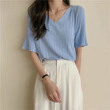 V-Neck Knitted Short-sleeved T-shirt Summer Korean Version 2022 New Loose And Thin Short All-match Bottoming