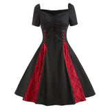 Red Black Patchwork Gothic Punk Steampunk Dress Lace Up Retro Vintage Swing Cotton Streetwear 50s 60s Rockabilly