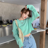 Long Sleeve Hole Women T-shirts slim Black Crop Top young girls T Shirt Fashion korean basic short T-Shirt women