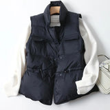 New Duck Down Coat Jacket Women Loose Double Breasted Warm Parkas Female Sleeveless Sash Tie Up Down