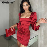 Satin Women Mini Dress Solid Lantern Long Sleeve Square Collar Ruched Bodycon Sexy Dresses Party Autumn Club