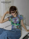Dragonfly Tie Dye Mesh Crop Top Women Summer T Shirt Short Sleeve Tshirt Gothic Tee Fashion Tops Aesthetic