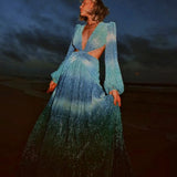 V-Neck Backless Hollow Out Dress 2022 Summer Women Long Lantern Sleeve Club Party Long Maxi Dresses Vestidos De Festa