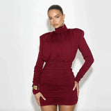 Turtleneck Long Sleeve Puff Pleated Mini Dress- Outfit