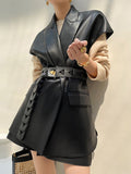 Zingj 2024 New Fashion Retro Handsome Lapel Belt Waist Show Thin Pu Vest Long Folded