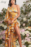 Slanted Shoulder Floral Irregular Ruffle Dress Summer One Shoulder Cut Out Ruffle Long Dress Women Party Club Evening