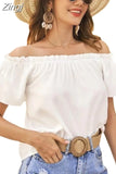 Off Shoulder Women Blouse Short Sleeve 2023 New Ruffled Shirt Casual Loose Sweet Tops Solid Color Clothes Blusas