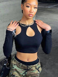 with Me 2022 Summer Long Sleeve Cropped Corset Women Top Sexy Aesthetic Club O Neck Fairy Grunge Black Women's