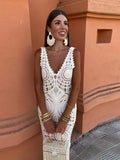 Crochet Hollow Out Knitted Slim Maxi Dress Women Sexy V-neck Backless Sleeveless Robe 2024 Summer Lady Fashion