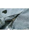 New Summer Women High Waist Heart Embroidery Blue Wide Leg Denim Shorts Casual Female Solid Streetwear Stright Jeans