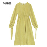 2021 Women Dress Casual Polka Dot Print Long Sleeve Mid Dress Vintage O Neck A-Line Party