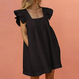 New Women Sweet Dress Summer Elegant Square Collar Puffles Sleeve Solid Mini Dress Ladies Casual Loose Pocket Beach