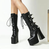 Super High Heel Women Boots Fashion Patetnt Leather Mid Calf Boots Metal Belt Buckle Motorcycle Boots Autumn Winter