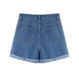 Shorts Jeans Blue Gradient Flanging High Waist Adjustable Vintage Casual Baggy Straight Denim Hot Pants Ladies
