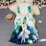 Zingj Luxury Retro French Round Collar Lantern Long Sleeve Print Dress Women's Belt With Loose Waist Show Thin Pleated