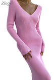 Fashion Women Long Sleeve Sweater Dress Casual Solid Color V Neck Knit Bodycon Party Dress for Beach Club