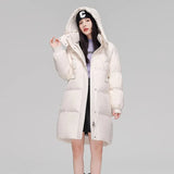 Long Down Jacket Female 2024 Winter New Fashion Hoodie Loose And Thick White Duck Velvet Over The Knee Coat Tide-Outfit