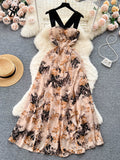 Fashion Chiffon Print Strap Dress Backless Crossed Frenulum Design Zipper High Quality France Vintage Women Long