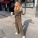 Casual Brown Blouse Two Piece Pants Set Women Winter Elegant High Waist Wide Trouser Suits Female Fashion Pleated Pants