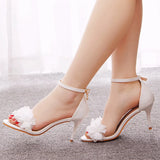 Cm Temperament Word With Light Mouth Fine Sandals White Flowers Wedding Shoes Fine Heel Small Summer