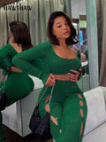Women Autumn Winter Long Sleeve Crop Tops Long Pants Green Two Piece Set Suit Outfit 2021 Fall Clothes Wholesale