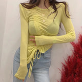 pads women top Summer long sleeve tops Sexy asymmetric slim solid ladies tops 2021 Lace Up Thin T-shirt See