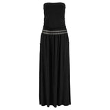 Jolee Women Boho Off Shouldeer Strapless Solid Long Dress Casual Elastic Waist Slim Ankle-length Dress Beach Party
