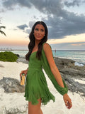 Printed Deep V Flare Sleeve Shirt Suits Women Sexy Short Pleated Mini Skirt Set Summer Beach Vacation Street Casual