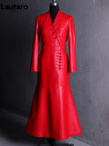 Spring Autumn Extra Long Red Black Fitted Soft Faux Leather Coat Women with Chinese Knot Buttons V Neck Designer