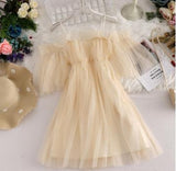 New Summer Autumn Women Ruffles A-Line Dress Sweet Slash Neck Lace Dress Female Short Sleeve Mesh Dress Vestidos