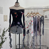 Real Shot One-字 Collared Shoulder Long-Sleeved Mesh Printing Top Irregularly Folded Lotus Leaves With Short T-Shirt