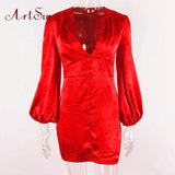 Women's Satin Dresses Green Gold Deep V Neck Botton Lantern Sleeve Mini Dress Sexy Female Party Dresses Club Autumn