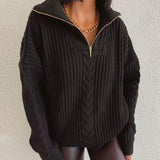 Zipper-up Loose Solid Sweater Women Winter Long Sleeve Pullover Knitting Autumn Female Fashion Twist Knitted Tops