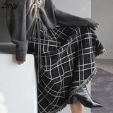 Plaid Knitted Skirt Women Elegant Designer Tassel Long Pleated Skirt Autumn Winter High Waist Slim A-line Skirts