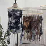 Real Shot Shoulder Strap Tie Dyed Net Shawl Shirt T-Shirt T-Shirt T-Shirt Design Folded Long-Sleeved T-Shirt