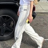 Zingj Style Digital Letter Print White Base Hoodies Low Waist Drawstring Loose Straight Leg Casual